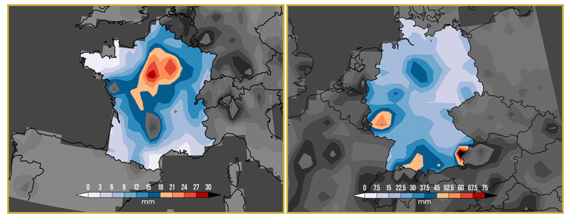 Map of mean rainfall (in mm) for the 3-day period from May 29 – 31, 2016 over France. b) Map shows 1-day maximum precipitation total (in mm) from Jan. to June 5th, 2016 over Germany. Source: NOAA/NCEP/CPC